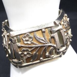 Vintage Floral Enamel Wide Link Bracelet, 1950s Gold Plated, 7 Inches